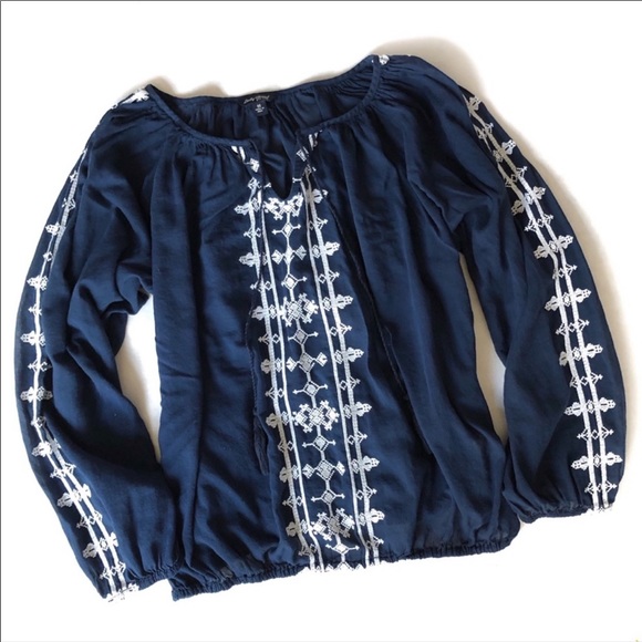 Lucky brand blue boho blouse white embroid… - Picture 1 of 8